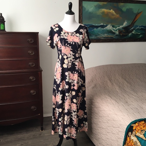 90s Spring Floral Navy Pink Maxi Dress Comfortable Tie Back Casual Dress Grunge - Picture 3 of 9